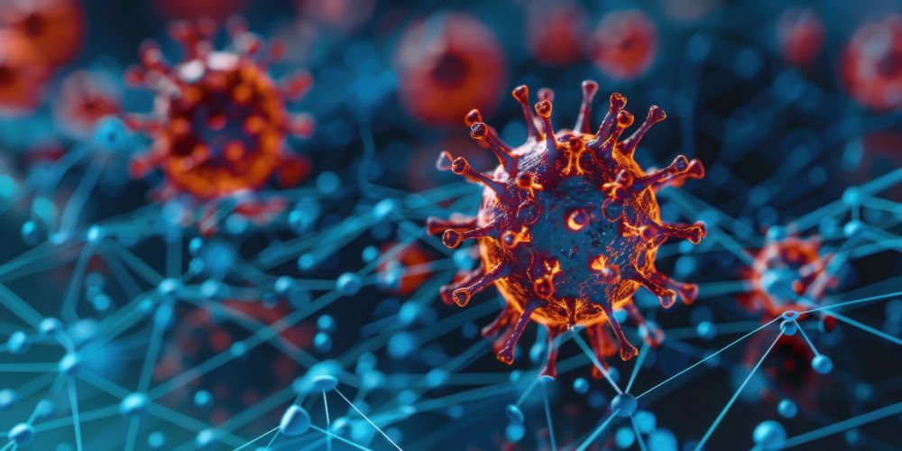 Closeup de partículas de coronavirus en una red que ilustra la estructura y las conexiones del virus